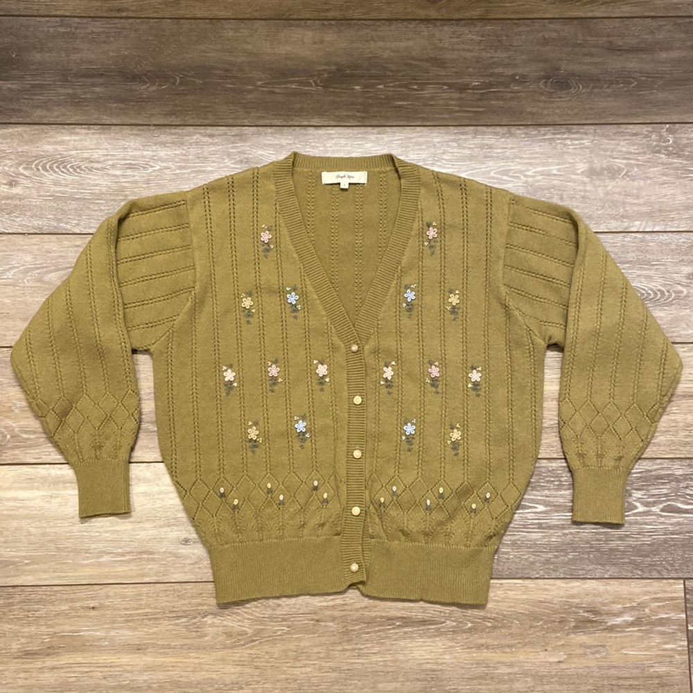 SIMPLE RETRO FLORAL EMBROIDERED CARDIGAN SWEATER SIZE SMALL GREEN